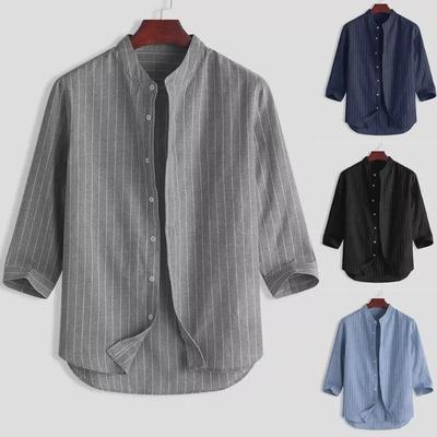 Cárdigan de Lino Coreano para Hombre con Cuello Alto - Camisa Juvenil Casual, Transpirable, de Corte Holgado con Mangas Tres Cuartos.