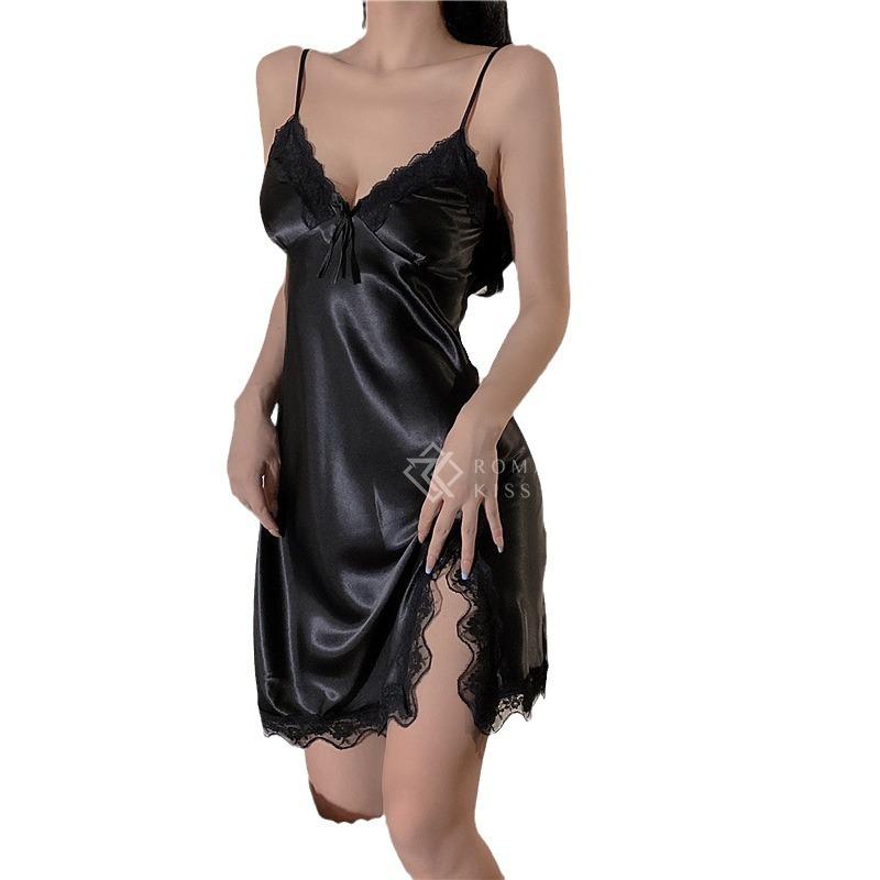 White Butterfly Sexy Pajamas Women's Ice Silk Thin Summer Can Be Matched with Solid Color V-neck Lace Back Suspender Nightdress