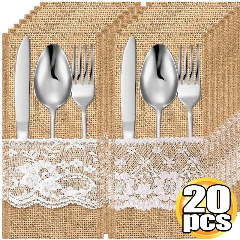 Natural Burlap Lace Utensil Holders Linen Cutlery Holder Covers Knife Fork Pockets Bags Christmas New Year Dinner Table Decor