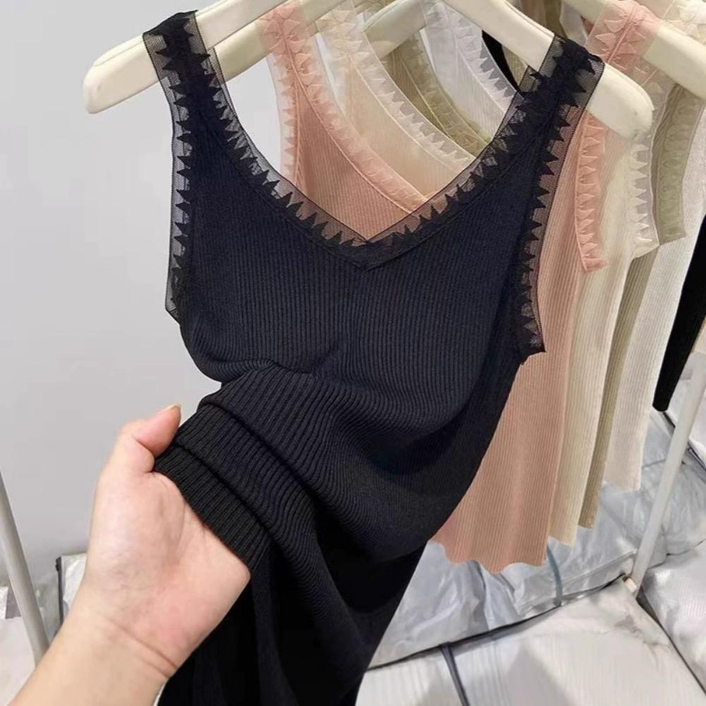 

Ice Silk Camisole Vest, Women s Inner Layer, V-neck, Lace Outer Layer, Slim Fit, Slimming Effect, Elastic Sleeveless Top One Size чёрный
