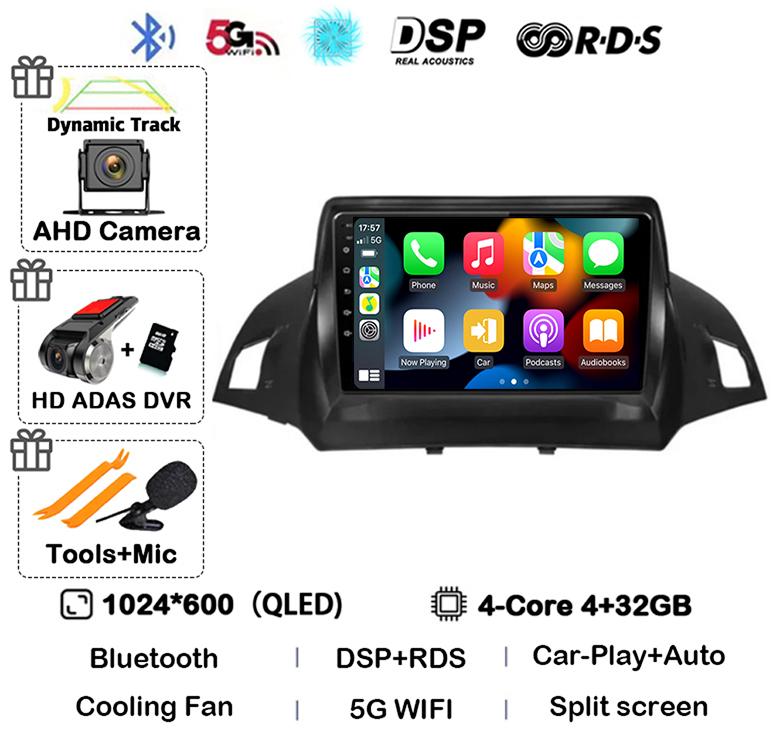 Radio multimedia con Android 14 y Carplay para Ford Kuga Escape 2013, 2014, 2015 y 2016, reproductor de vídeo, GPS, estéreo, 4G, WIFI, unidad principal