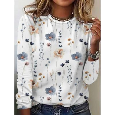 Damen Frühling und Herbst Locker Digitaldruck Rundhals Langarm T-Shirt