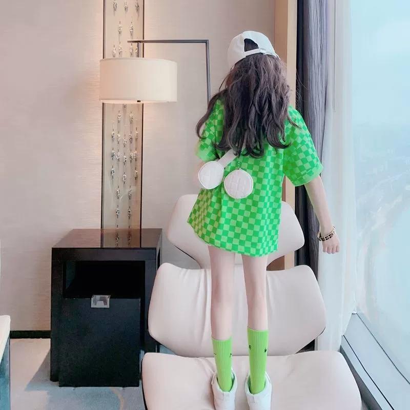 Girls Summer Mid-length Loose Short-sleeved T-shirt Dress Middle and Big Kids Round Neck Casual Tops