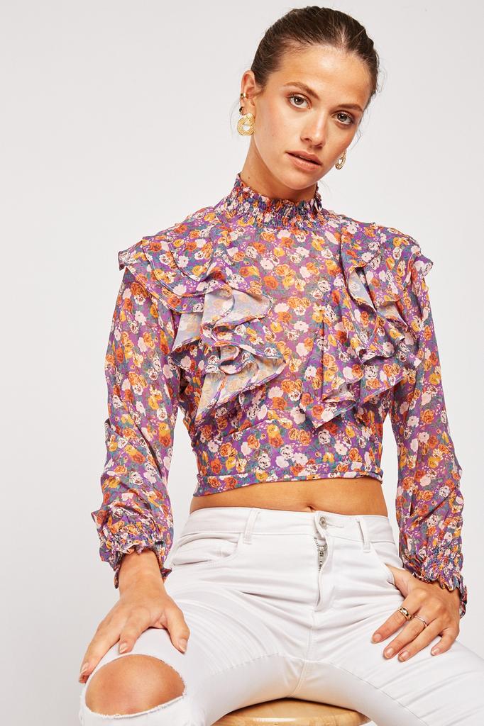 Flower Print Chiffon Ruffle Top купить 