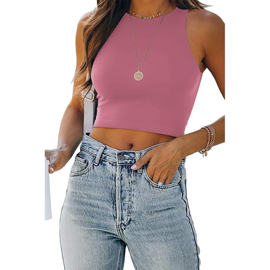 New Women's Solid Color Wish Summer Sleeveless Round Neck Halter Cami Top T-Shirt for Women