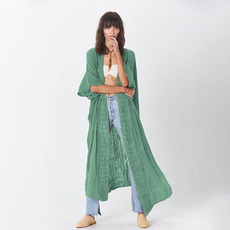

Women s Bamboo Patchwork Lace Beach Cover-Up Cardigan for Sun Protection One Size зелёный