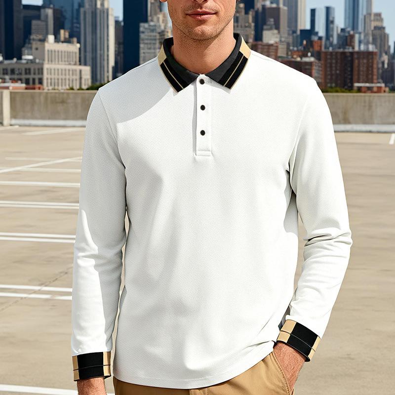 Mens Relaxed Fit Long Sleeve Golf Polo Shirt Jacquard Casual S белый