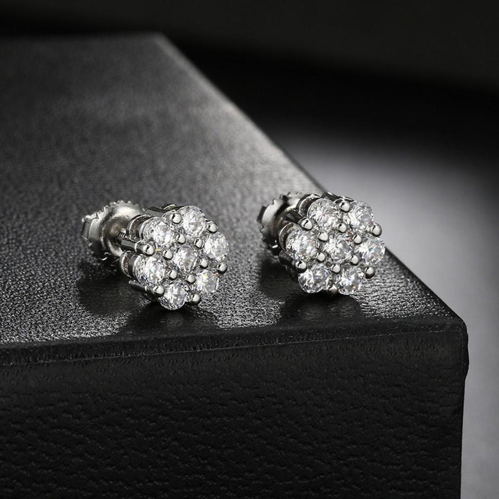 Ribbed Copper Zircon Flower Stud Earrings with Full Diamonds - High-End Hip Hop Style for Women