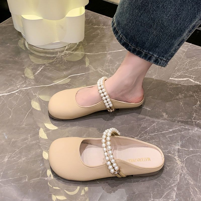 French Small Sandals Women's Summer Wear Muller Flat-bottomed Bag Head Mary Jane Half Slippers Small Fragrant Single Shoes Beach Slippers