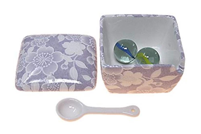 Sakura Yuzen Condiment Made in with Condiment Container with Commercial ACSWEBSHOP Original (Purple) Container, Japan, Ceramic, Spoon, Ichimi, Salt,