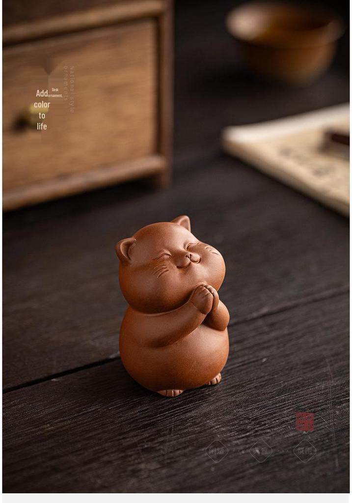 Charming Lucky Cat Purple Clay Tea Pet for Home or Office Decor