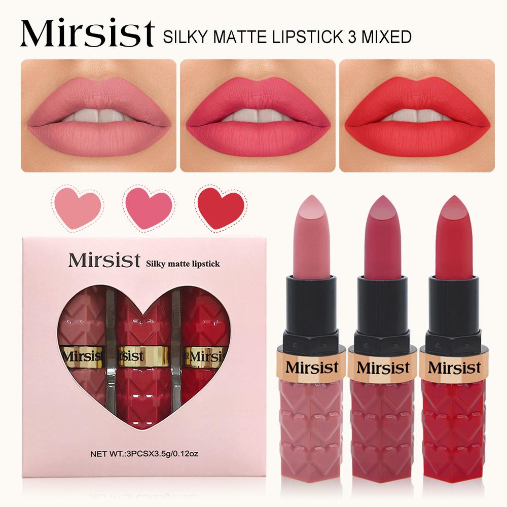Mirsist 3-Piece Matte Lipstick Set: Waterproof, Fade-Resistant, Non-Stick Cup, and Mist Surface Finish.