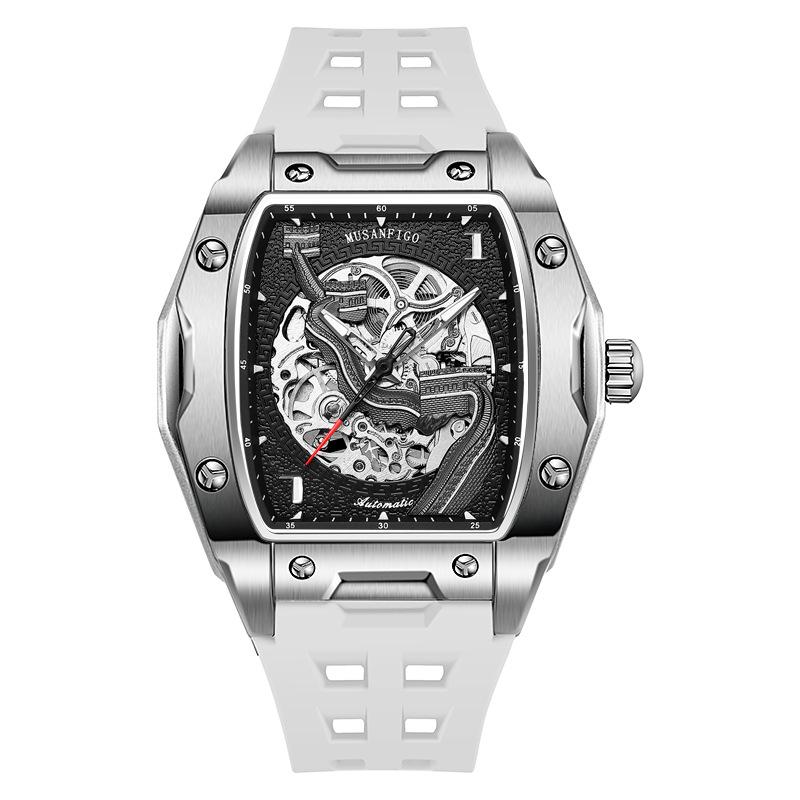 Men s Barrel-Shaped Automatic Waterproof Luminous Skeleton Watch with Unique Great Wall Design