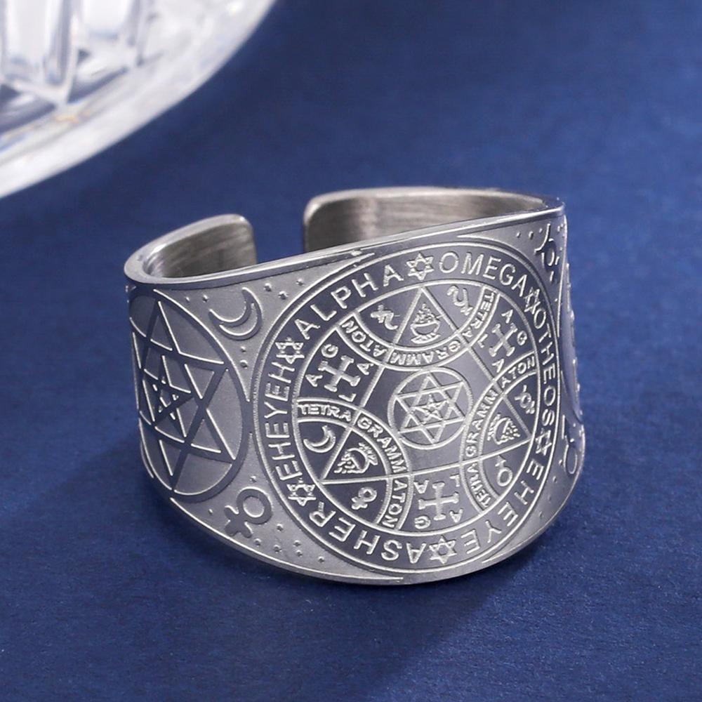 Dawapara Enochian Magic Angel Ring Solomon Kabbalah Protection Amulet Stainless Steel Hexagram Triangle Religious Jewelry 8