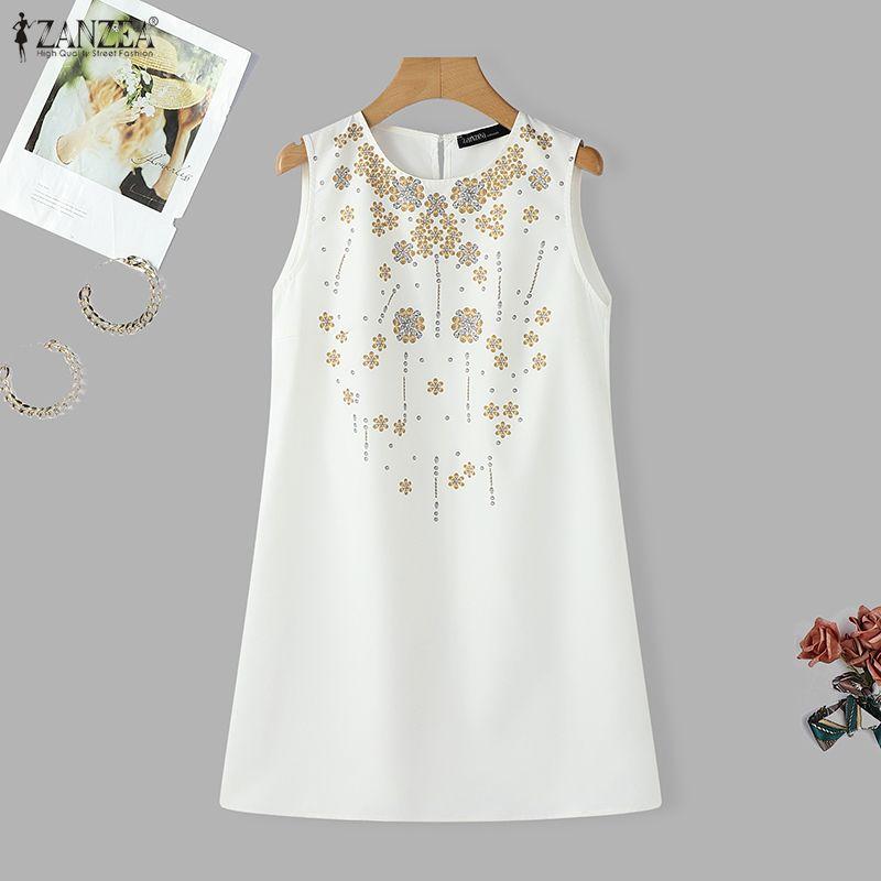 ZANZEA Women Casual Round Neck Sleeveless Print Dress