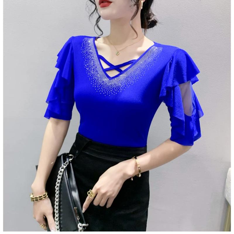 New Summer European Clothes Women's T-Shirt Fashion Sexy V-Neck Shiny Diamonds Tops Chic Hollow Out Short Sleeve All Match Tees