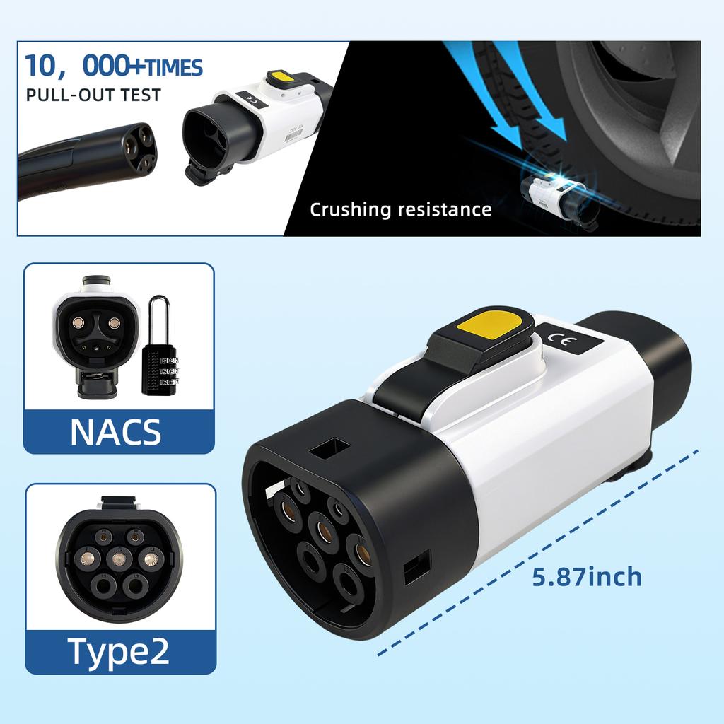 EVqiaoyi NACS to Type2 EV Adapter 32A 7KW from Tesla Pile to Type2 EV Charging Converter for EU Standard Cars
