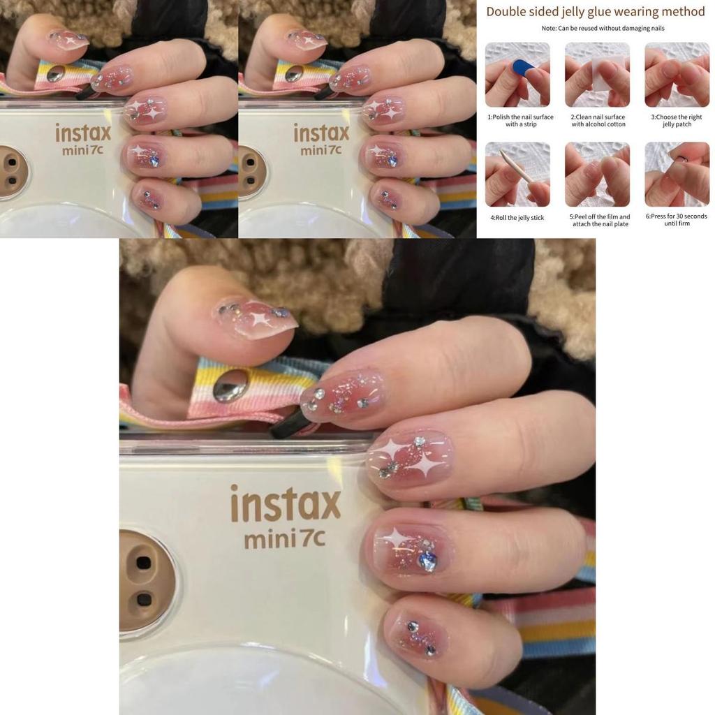 Brightening And Detachable Artificial Nail Stickers For Students Short Medium Long With Rhinestones