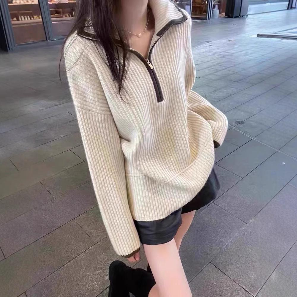 Women's Autumn/Winter Half-Zip High-Neck Wool Sweater - Loose Fit, European Style Cashmere Pullover.