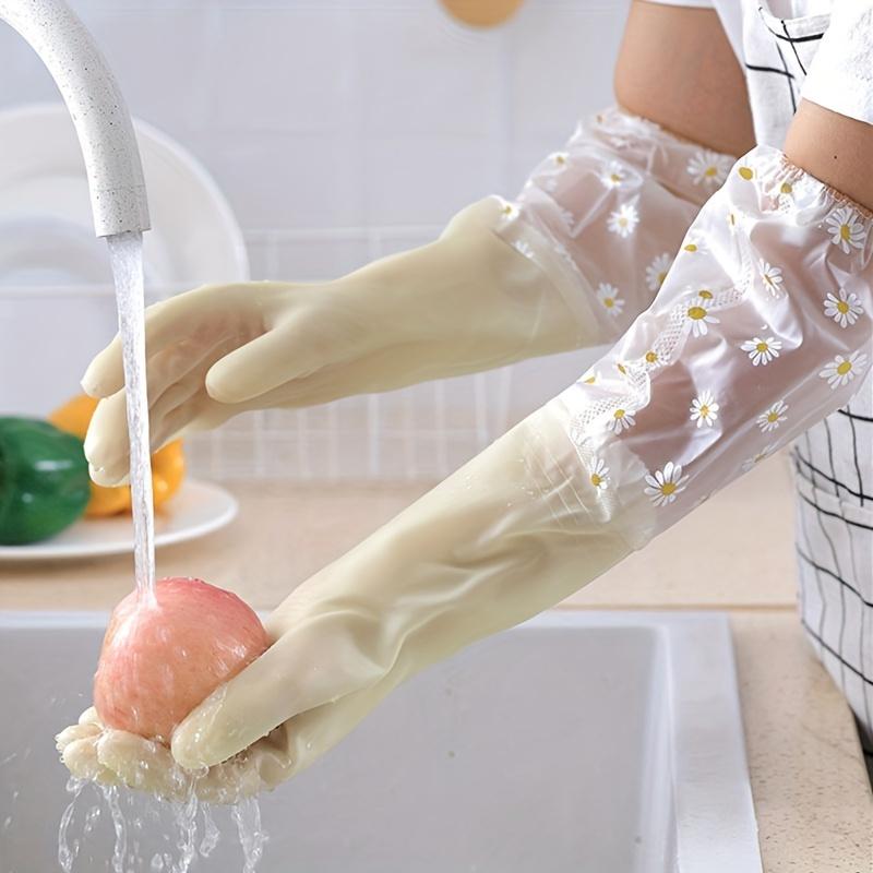2 pairs Long Sleeve Floral Rubber Gloves - Reusable Soft and Flexible - Multi-Purpose for Dishwashing Kitchen Oven, Pet Cleaning