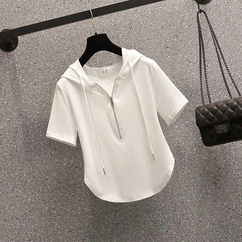 

Женская футболка с капюшоном, короткими рукавами и молнией - Модная облегающая модель 2024 года, универсальный летний топ L