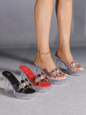 Sandálias Femininas com Salto Bloco Transparente de 12cm - Moda Bico Quadrado Strass Antiderrapante Sapatos para Boate LFD-19866-10