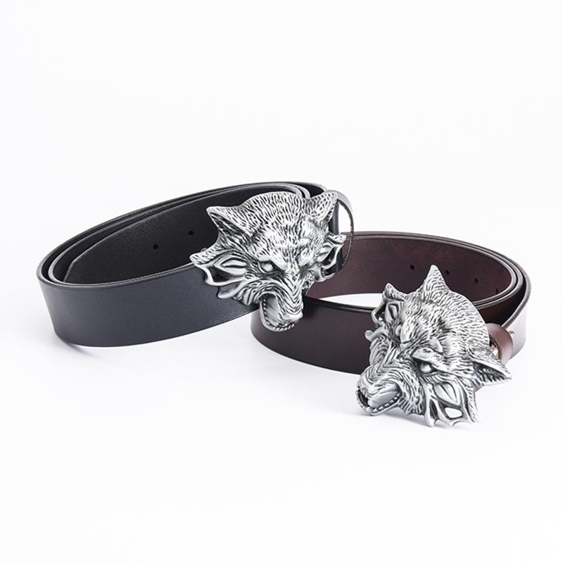 Men's Cowhide Smooth Buckle Belt Domineering Wolf Head Belt Spirit Guy Jeans Belt