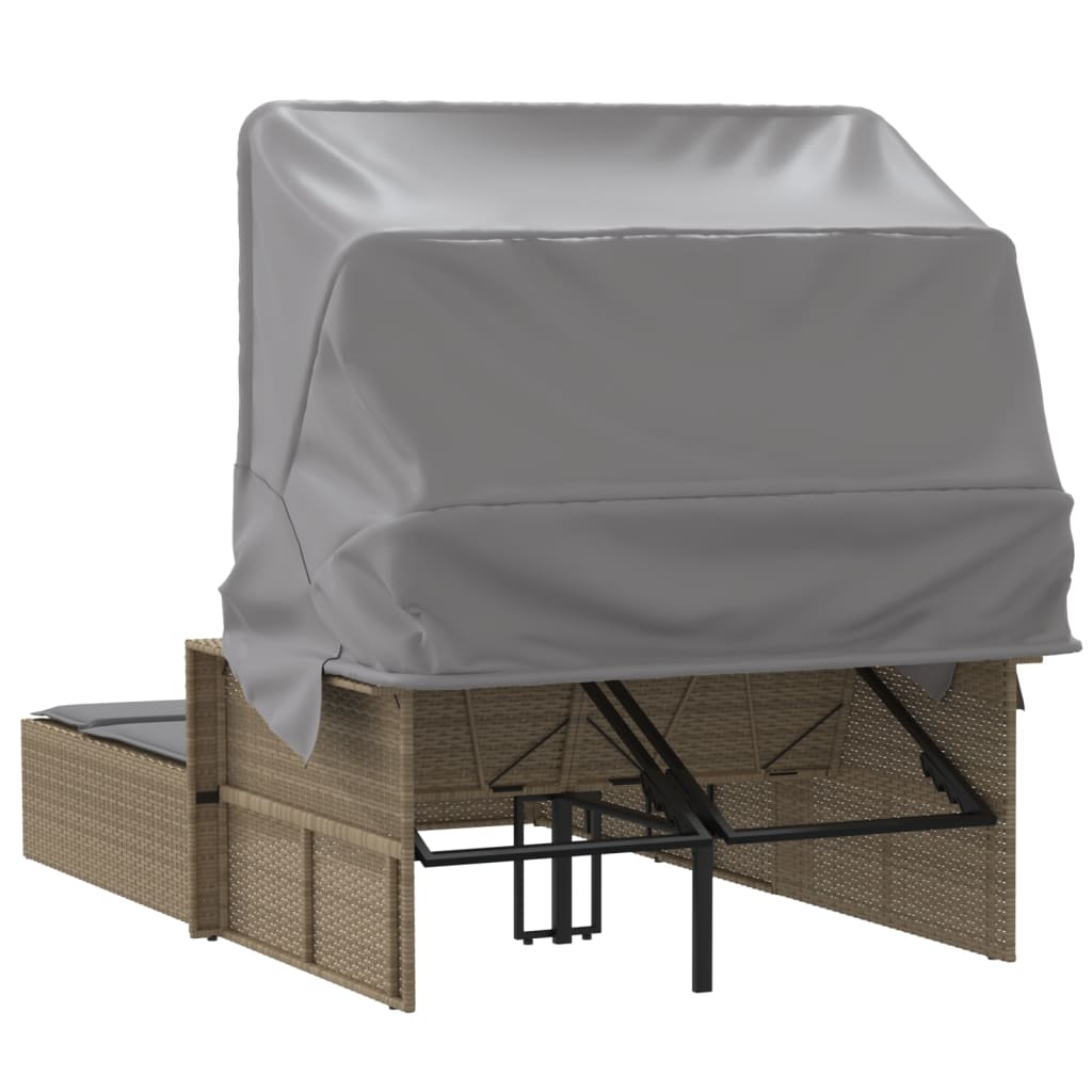 Vidaxl Double Sun Lounger with Canopy and Cushions, Mixed Beige