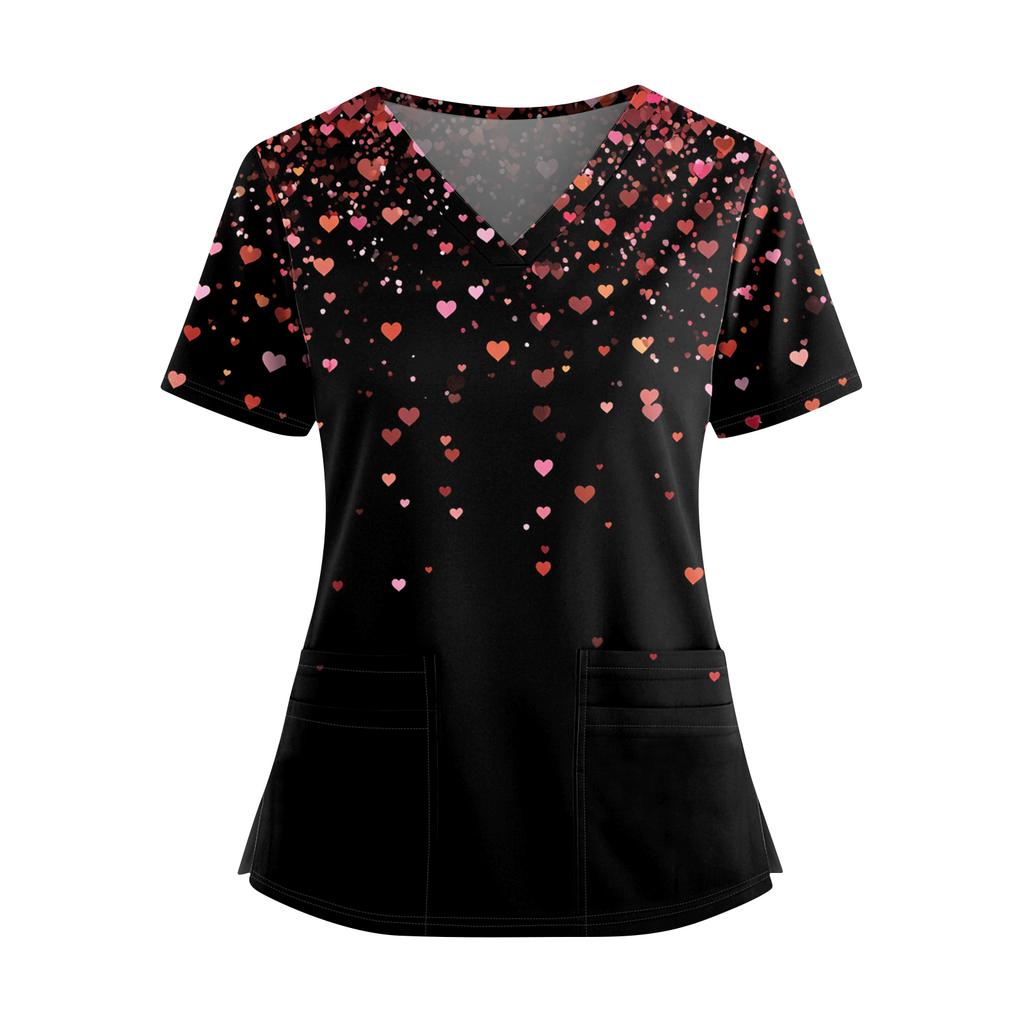 Women's Valentine's Day  Printed V-Neck Double Pocket Short Sleeves Hem Slit  Uniform Caregiver Top
