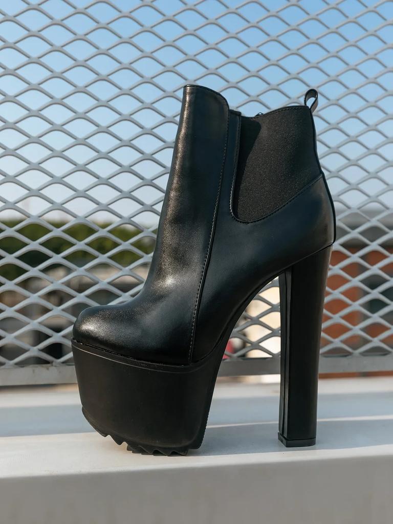 16CM Tykke Høyhælte Sko Dame Plattform Elastisk Bånd Glidelås i Siden Chelsea Støvletter Svarte Ankelstøvletter Zapatos Para Mujeres