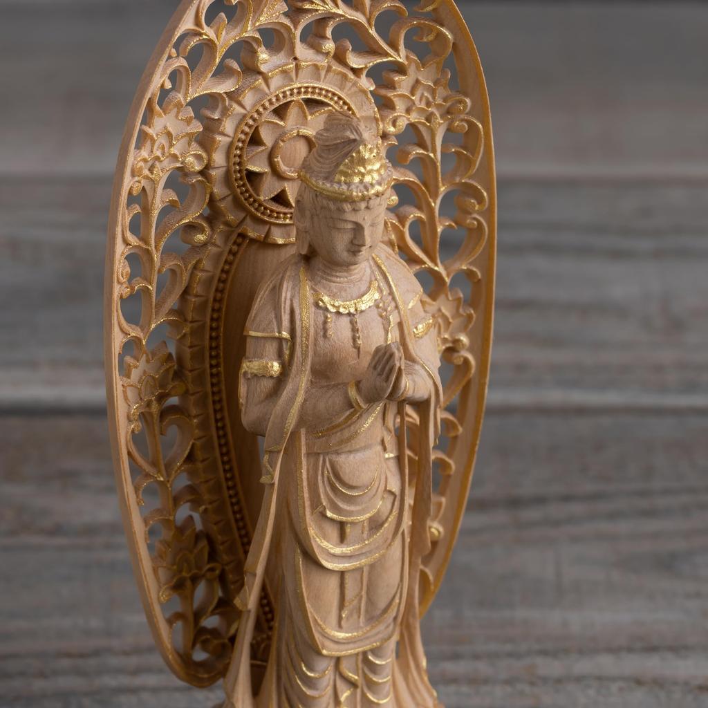 Miniature Kannon Buddhist wood ornament Gasshokannon Buddha, Bodhisattva, 12.5cm (wood boxwood, gold-dust finish) - Seikannon, statue, figure,