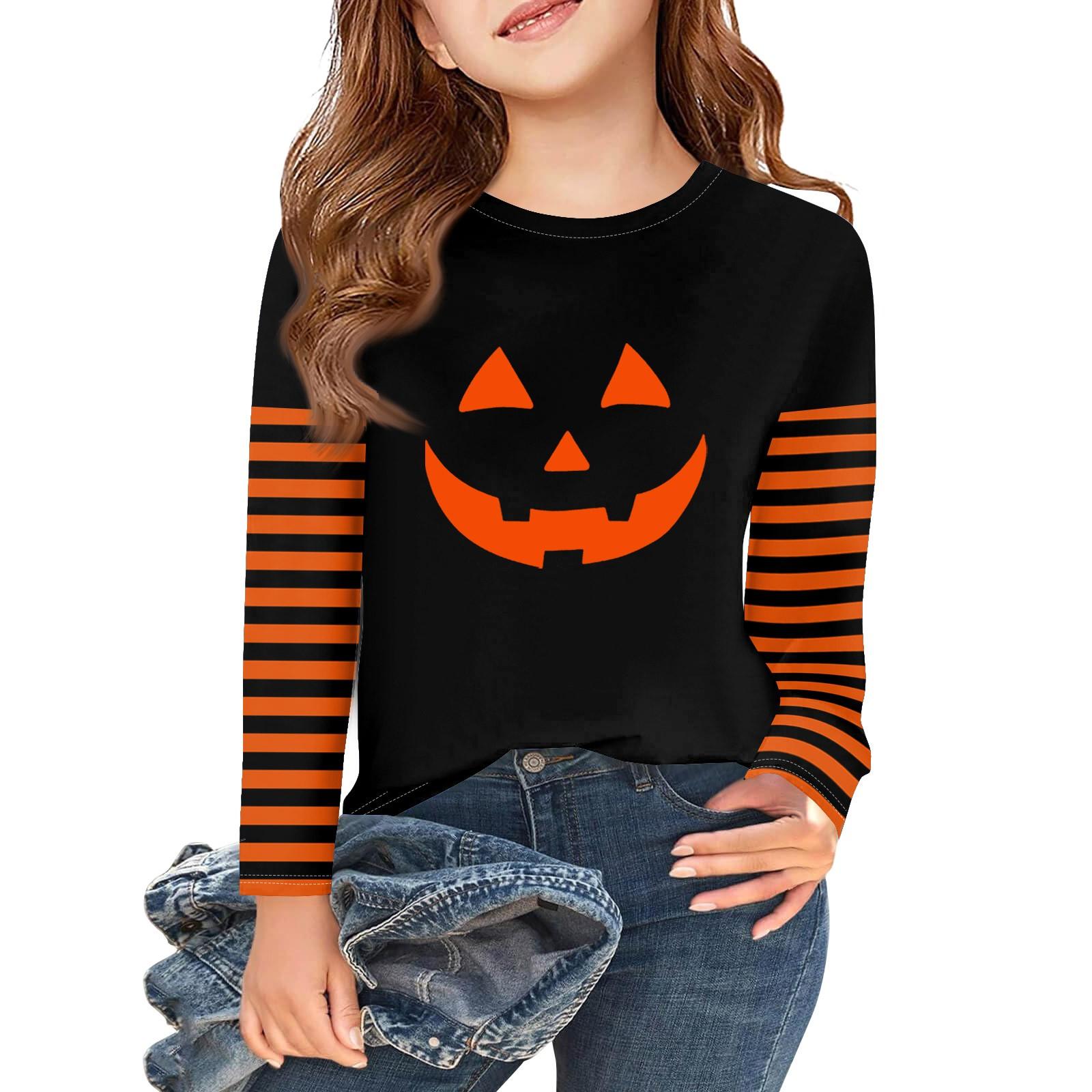 

Футболки с длинным рукавом для девочек на Хэллоуин, детские осенние топы с круглым вырезом, базовые футболки 2-11 лет 150 оранжевый