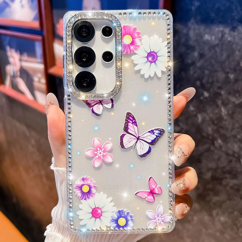 The Flash Diamond Frame Is Suitable for Samsung S25Ultra Mobile Phone Case, Painted Flower Butterfly Mirror Holder, New A56 Case.
