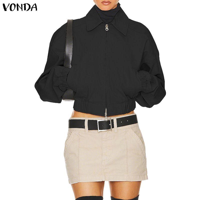 VONDA Spring Women Lapel Neck Long Sleeve Zip-up Thin Casual Cropped Jackets Coats