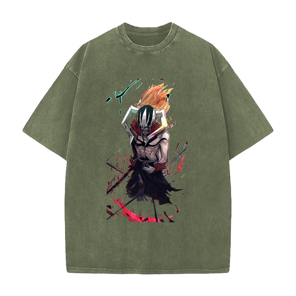 BLEACH Kurosaki Ichigo Anime Printed Tee Men Women Washed Cotton T-shirts Manga Vintage T Shirt Harajuku Male Oversized Tshirt