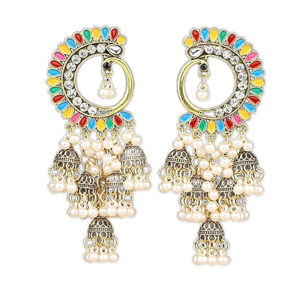Retro Peacock Luxury Ethnic Style Personality Exaggerated Earrings Pearl Bell Fringed Earrings Women