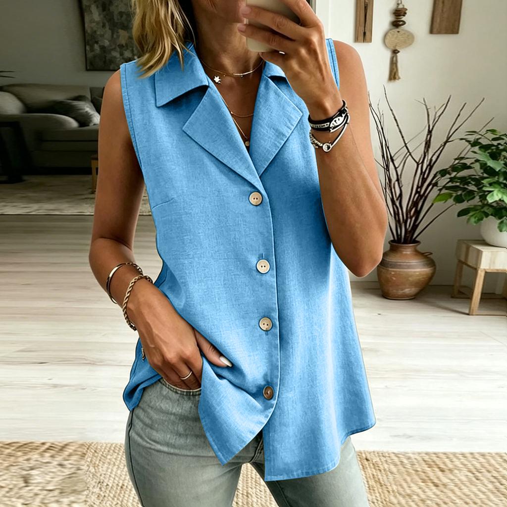 Women's Color V-neck Sleeveless Vest Top Button Inch Shirt