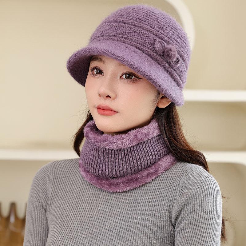 

Флисовая теплая шапка женская маме кролик плюшевая модная вязаная шапка-ведро зимняя бабушке ветрозащитная шапка separate hat (without scarf)