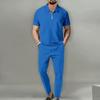 Mens Waffle Fabric Half Zip Collar Short Sleeve Top And Long Pants Casual Sports Set