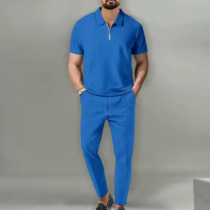 Mens Waffle Fabric Half Zip Collar Short Sleeve Top And Long Pants Casual Sports Set