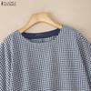 ZANZEA Damen Lässige Rundhals Kurzarm Karierte Print Bluse