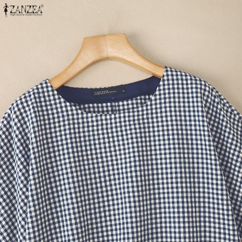 ZANZEA Damen Lässige Rundhals Kurzarm Karierte Print Bluse