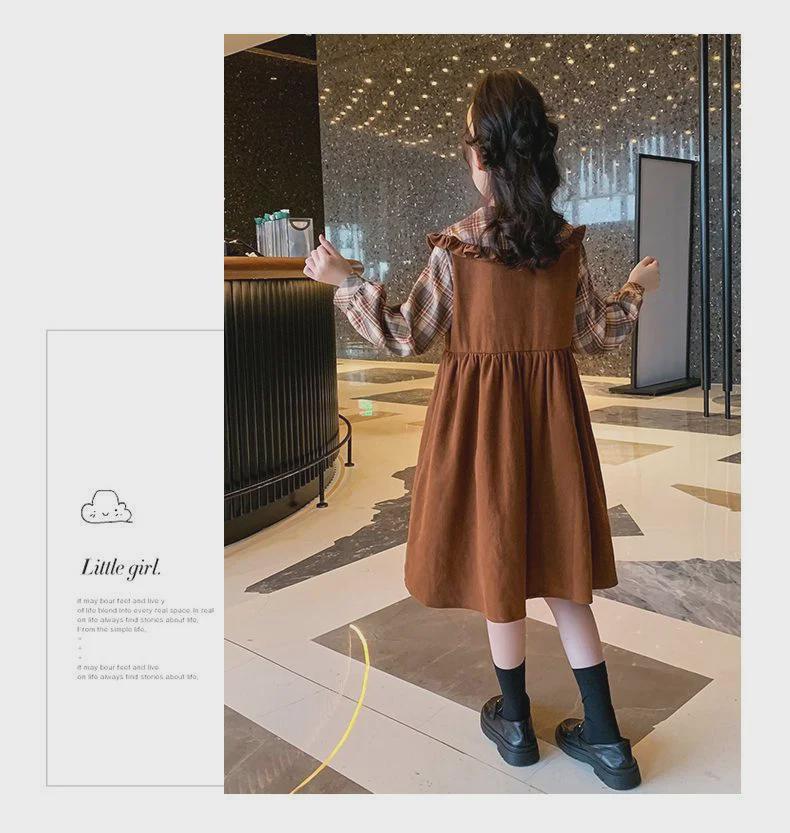 Girls' College Style Plaid Dress – Long-Sleeve, Two-Piece Look for Spring/Autumn