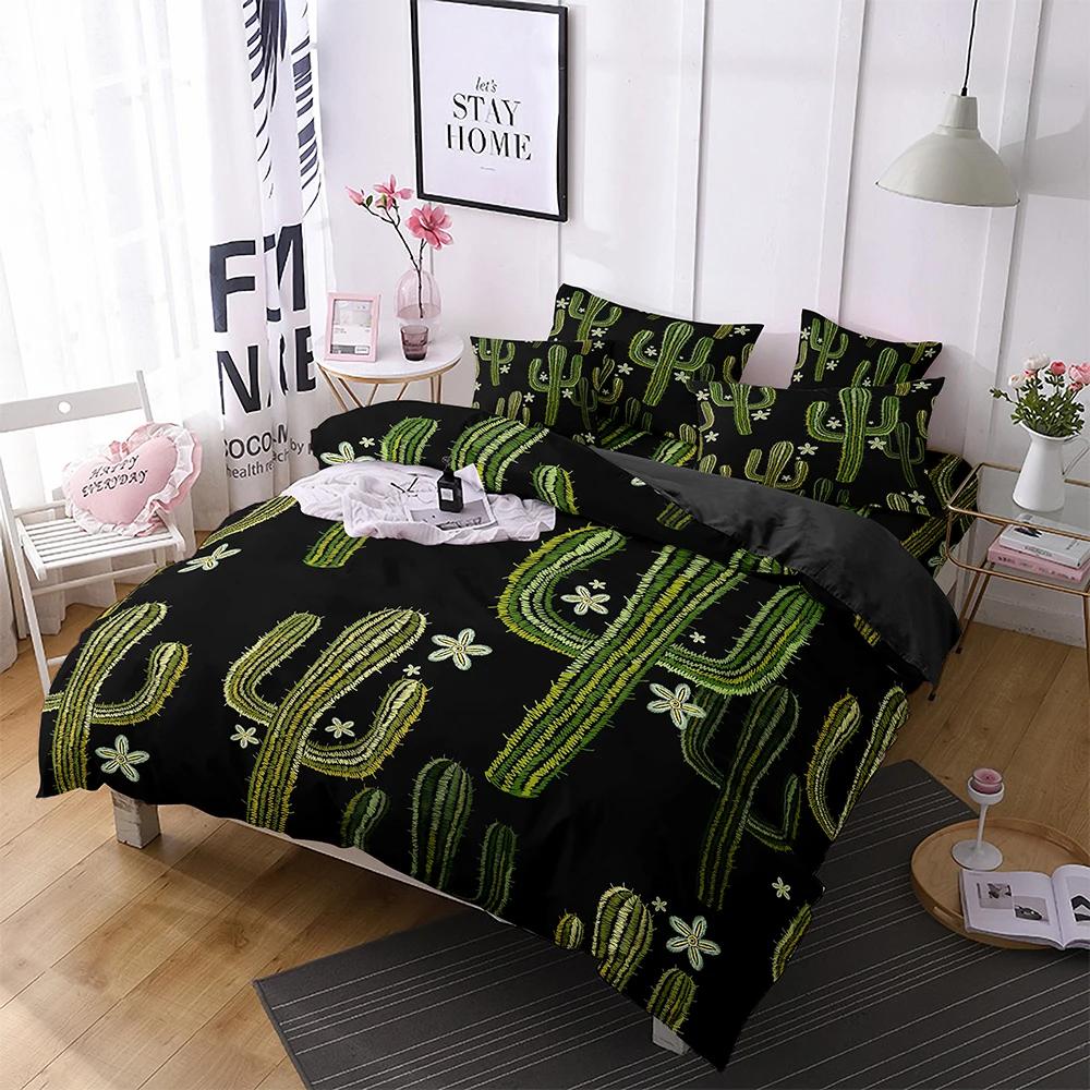 Cartoon Cactus King Queen Duvet Cover Succulent Plants Bedding Set For Adults Green Tropical Desert Plants Polyester Quilt Cover
