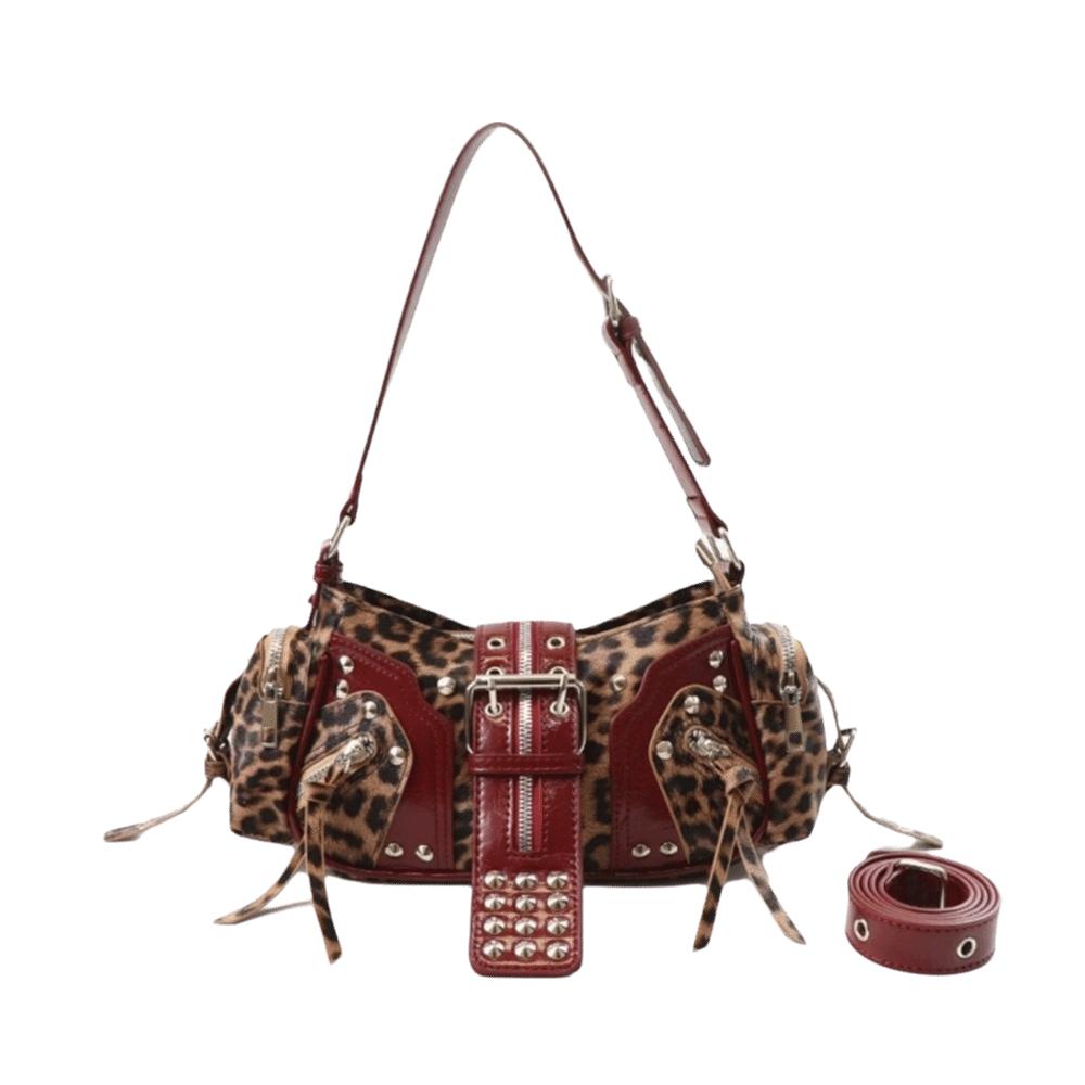 PU Leather Gothic Rivet Shoulder Bag Leopard Print Polyester Lining Underarm Bag Black Color Multi Strap Crossbody Bags Date