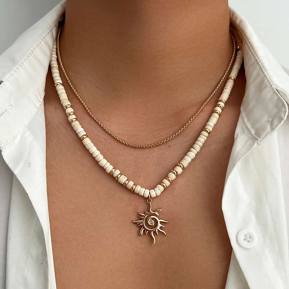 

Ingemark 3 Styles Boho Coconut Husk CCB Beads Chain Chokers Necklaces Trendy Starfish Conch Sunflower Pendant Necklace Jewelry