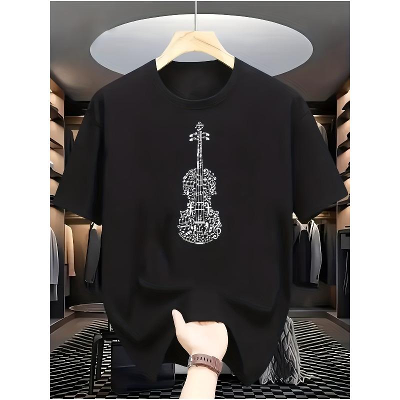 Camiseta de Manga Curta com Tema Musical com Estampa de Nota Musical & Violino - Top Casual Branco de Gola Redonda para Verão para Músicos & Orquestra