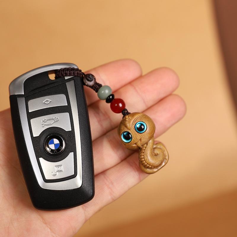 Zodiac Snake Green Sandalwood Keychain Pendant with Phone Lanyard for Men and Women