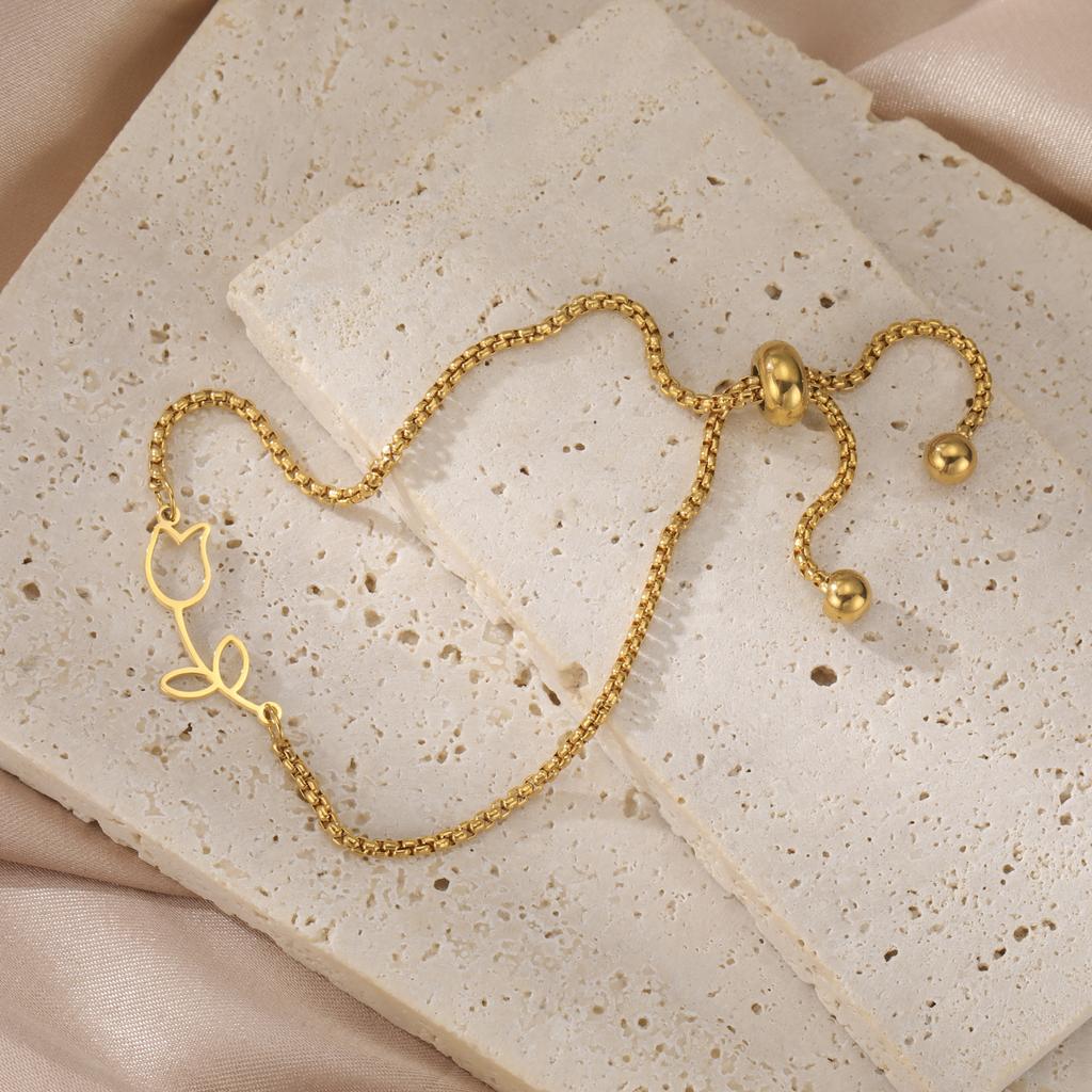 Cazador Tulip Flower Bracelet for Women Kpop Stainless Steel Double Layers Beads Chain Bracelets Jewelry Birthday Gift New