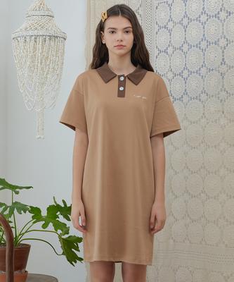 Dear Fear Button Collar T-Shirt Dress Beige